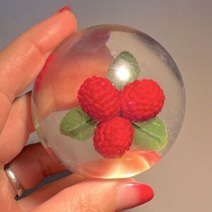 VTG Acrylic Resin Lucite Round Paperweight Red Raspberry Leaves